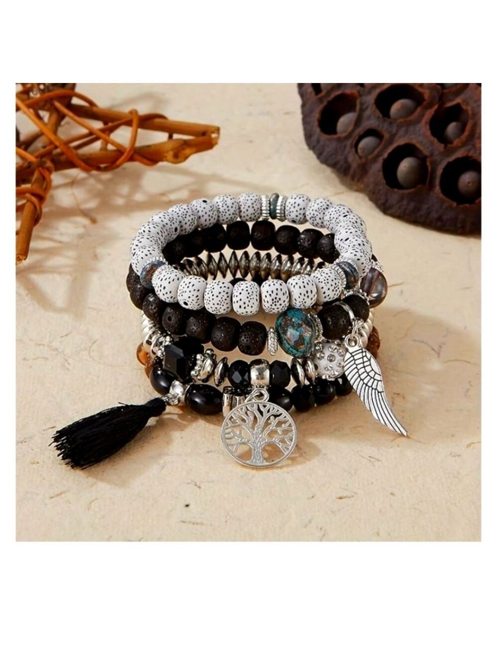 Layered Boho Black and Silver Beaded Bracelet Set OS